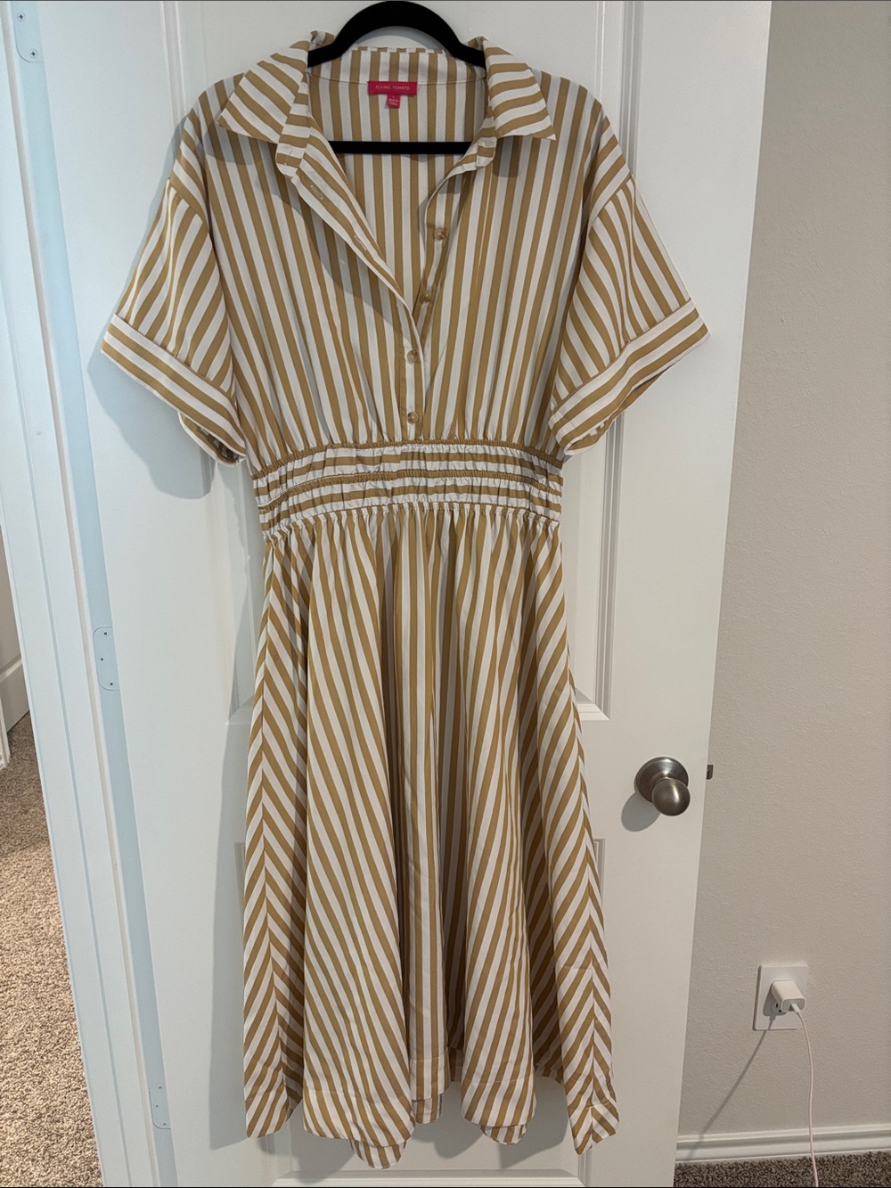 Flying Tomato Tan & White Striped Shirtdress
